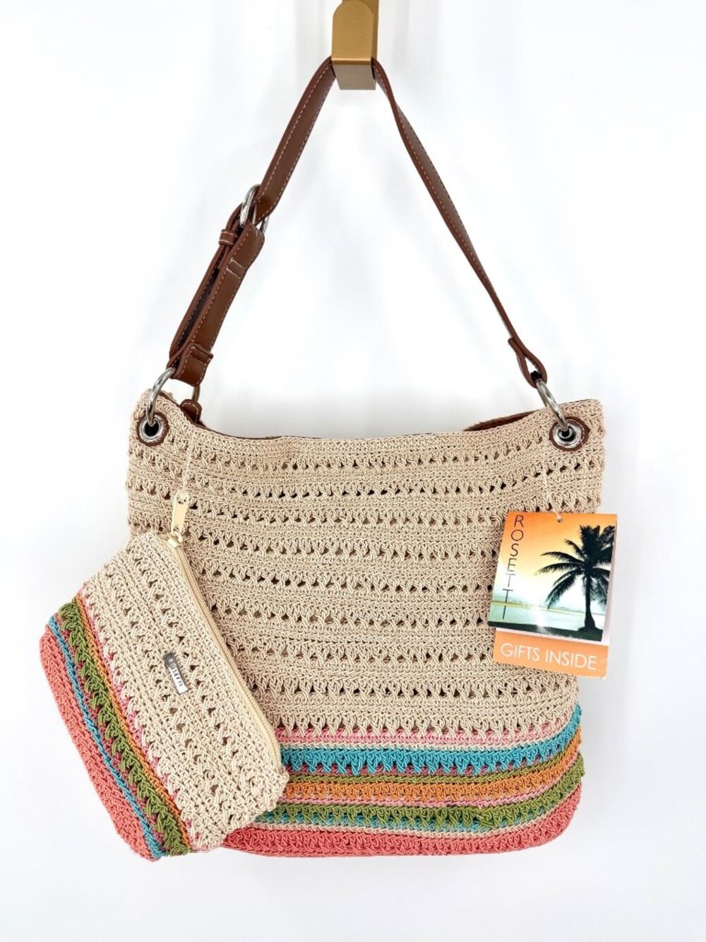 NWT ROSETTI CROCHET HOBO BAG PURSE W/ COLORFUL STRIPES & MATCHING POUCH